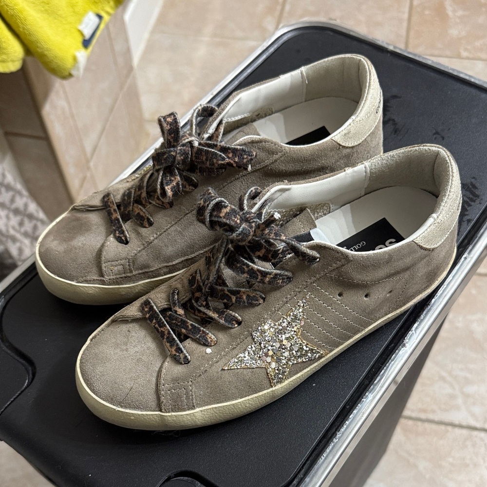 Golden Goose Tan Sneakers with Glitter Star and Leopard Laces